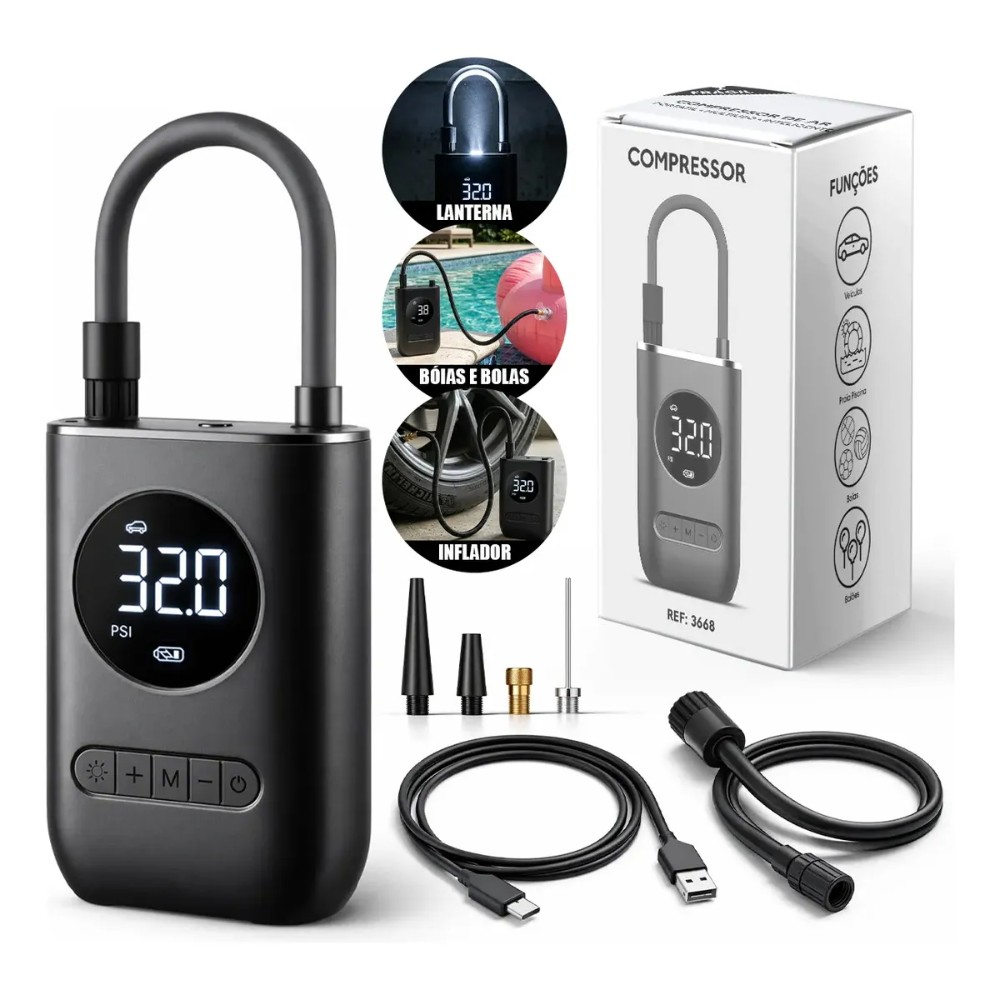 Mini Compressor de Ar Digital Portátil Recarregável USB-C